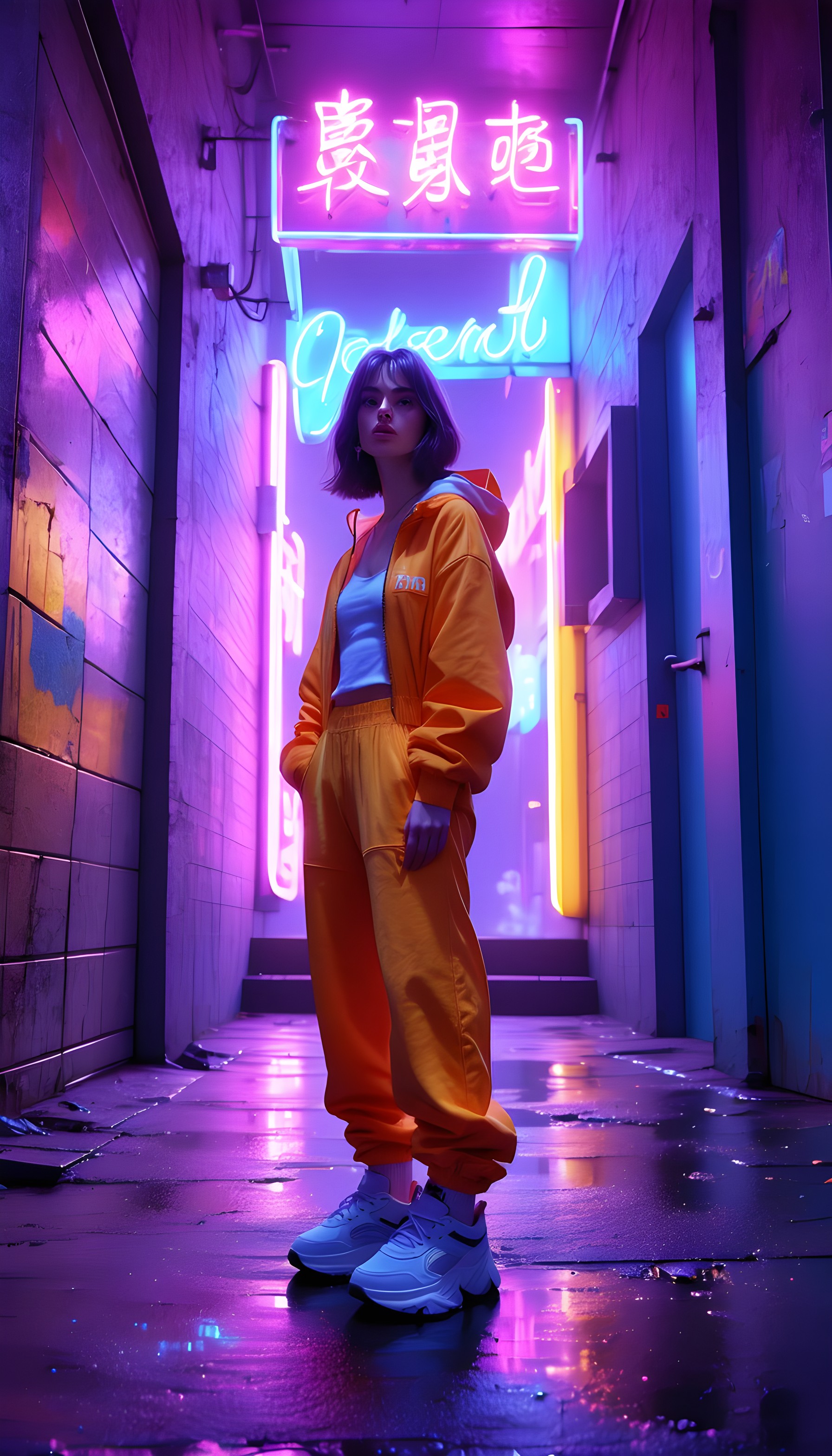 Neon Cyberpunk Alley Girl Mobile Wallpaper, cyberpunk, neon lights, urban night, street style, futuristic, purple