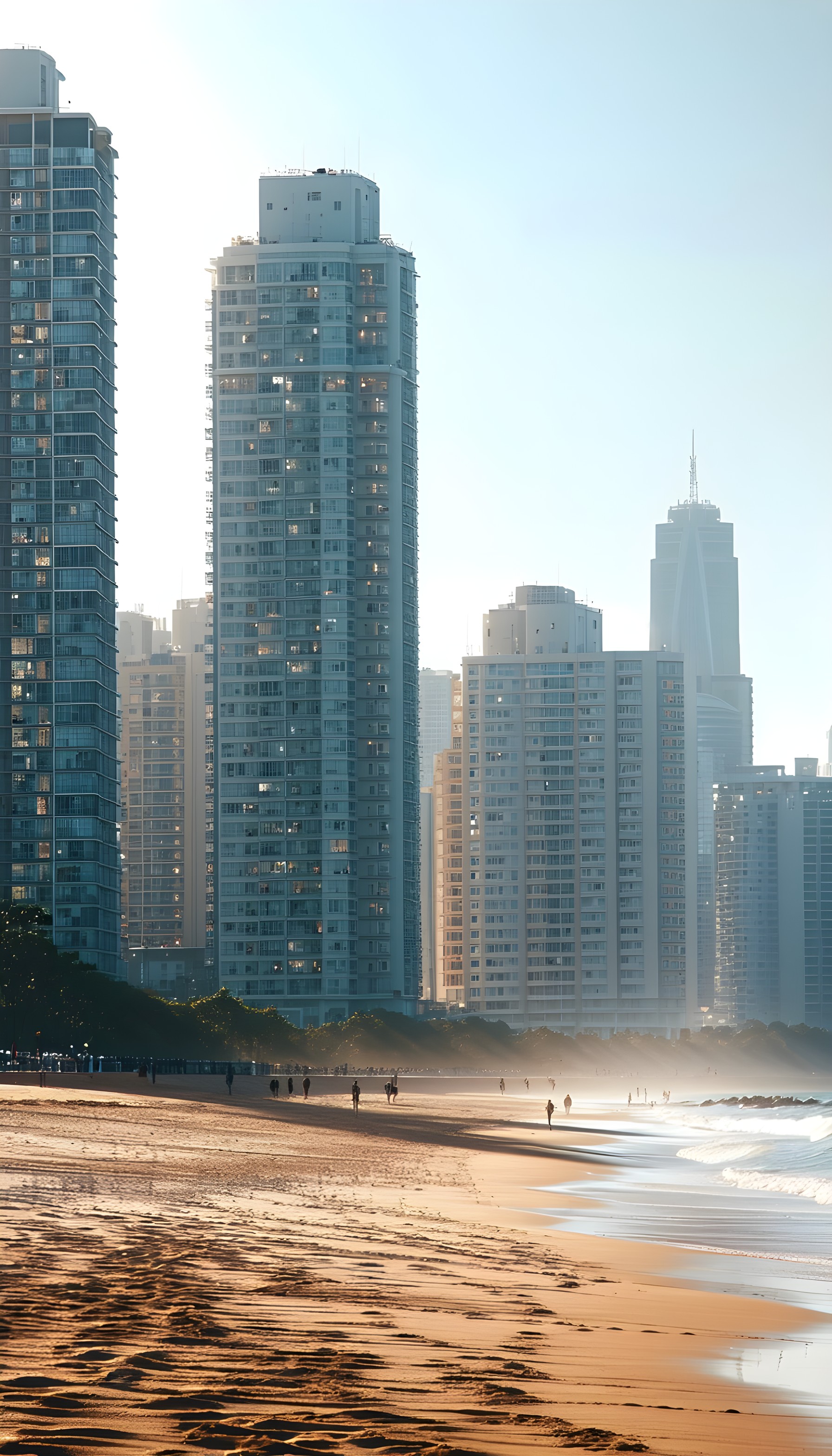 Urban Beach Morning Glow Skyscrapers Wallpaper, city beach, urban coast, skyscraper, morning glow, peaceful, mobile wallpaper