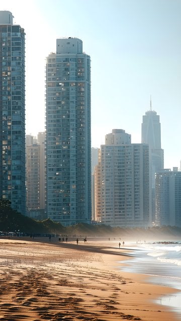 Urban Beach Morning Glow Skyscrapers Wallpaper
