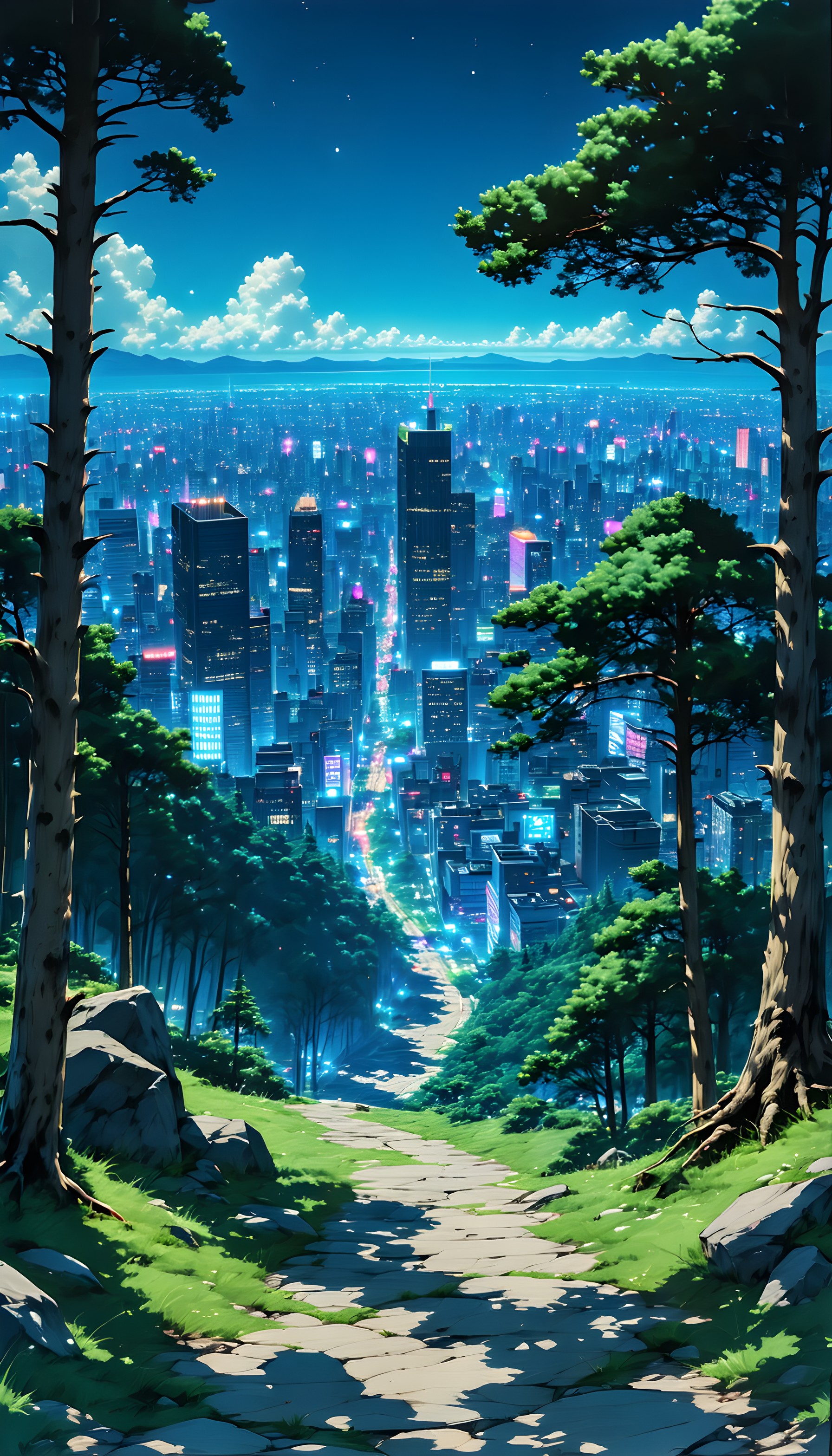 Anime City View from Forest Path, Neon Night Wallpaper, cityscape, cyberpunk, neon lights, forest view, anime style, digital art