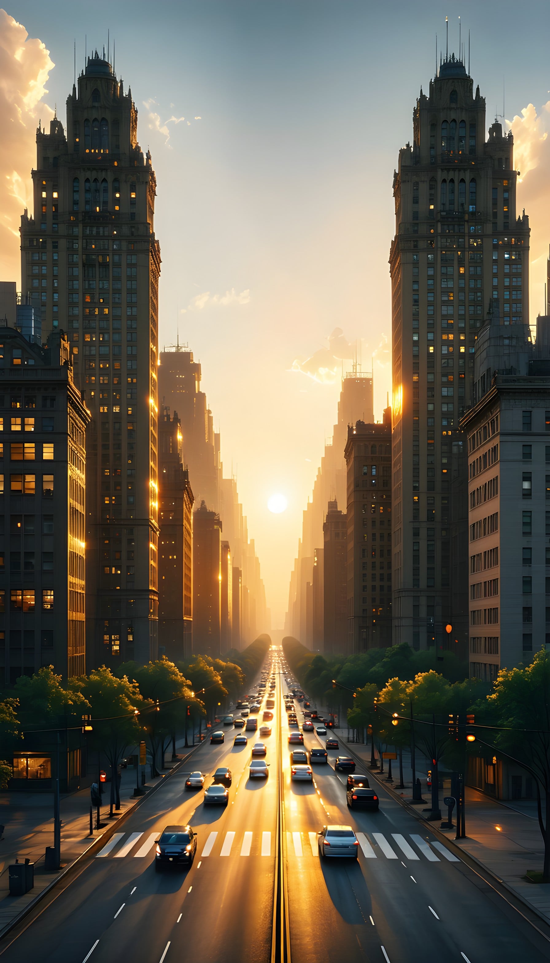 Golden Hour Urban Avenue City Street Wallpaper, city, urban, sunset, golden hour, skyscrapers, street