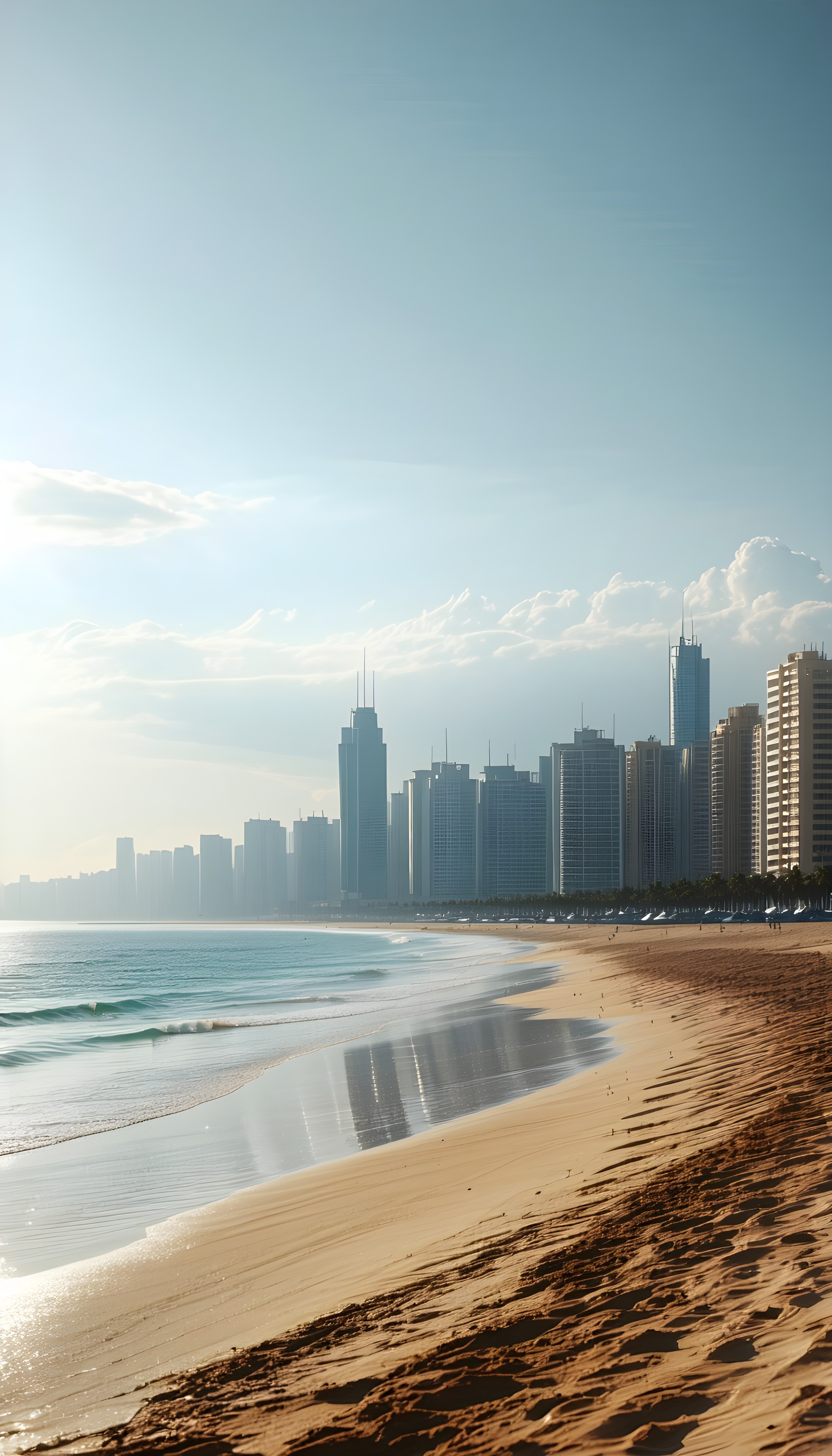 Coastal City Beach Skyline Morning Wallpaper, beach, city, skyline, ocean, urban, coastal