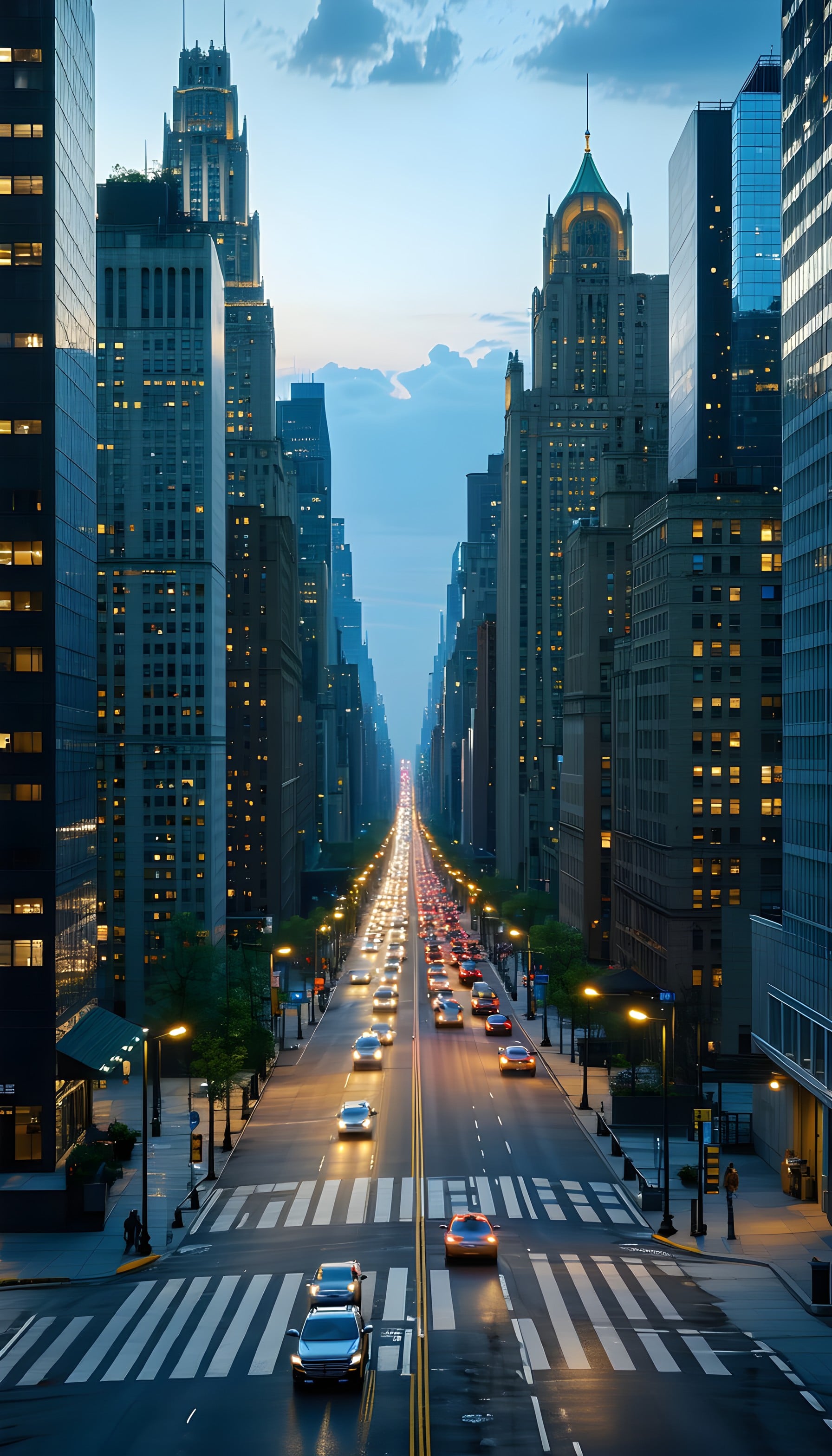 Urban Twilight Skyline with Glowing Traffic, city, street, urban, skyscrapers, traffic, evening