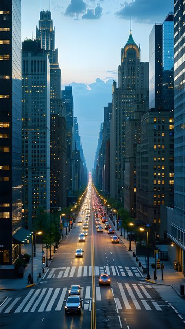 Urban Twilight Skyline with Glowing Traffic