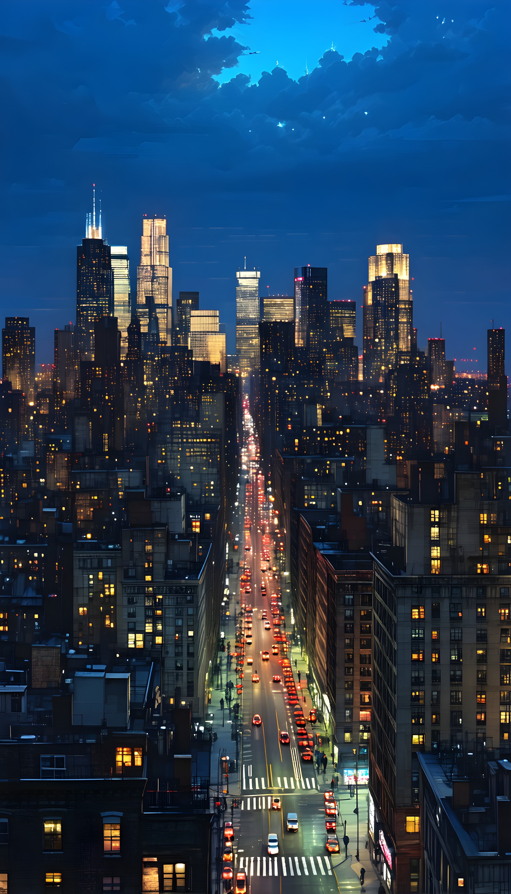 Vibrant City Night Skyline Aerial View Wallpaper, cityscape, night city, urban skyline, illuminated buildings, street lights, traffic