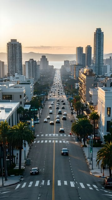 Golden Hour City Street Skyline Wallpaper