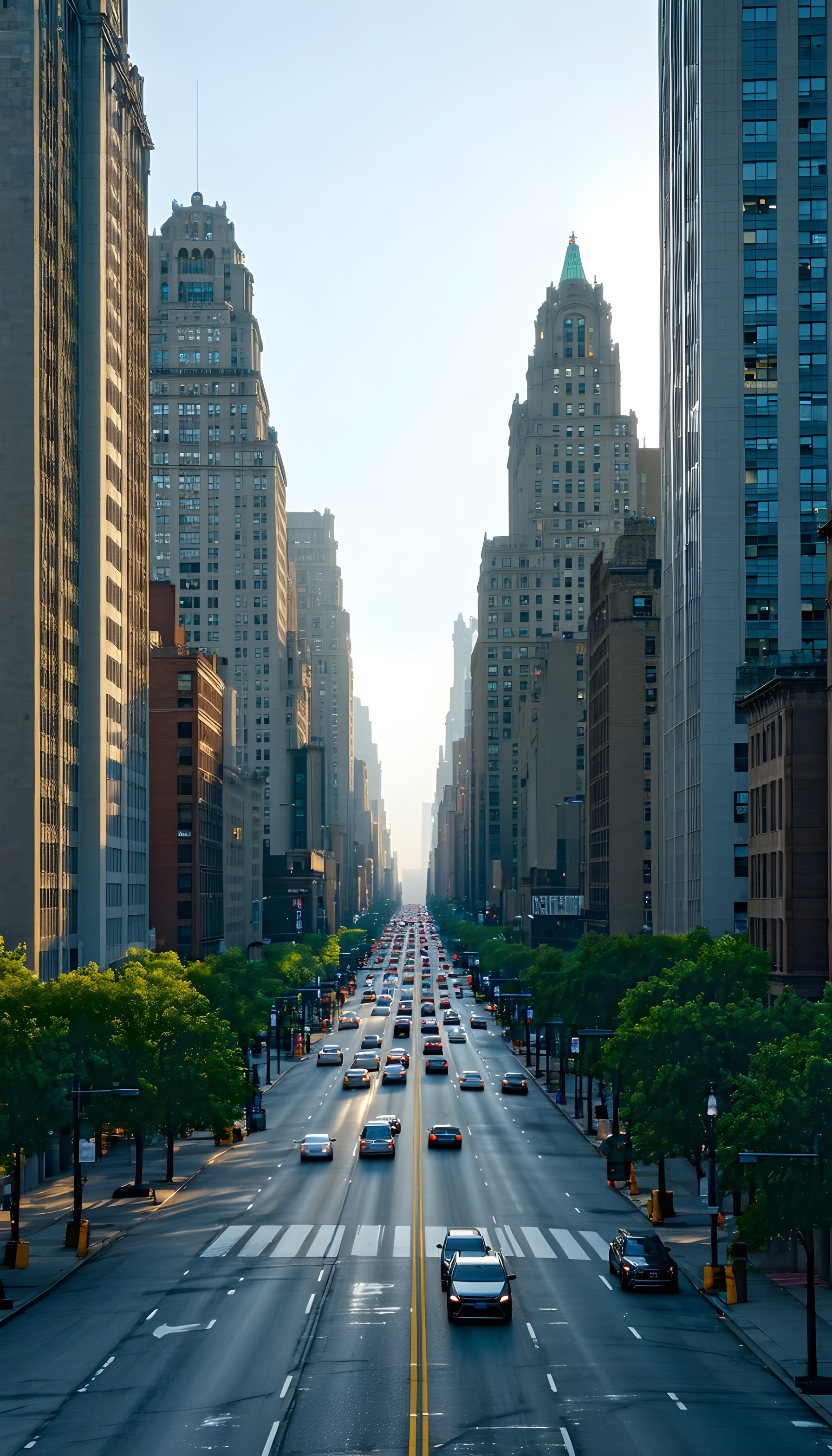 Vibrant Urban City Street Morning Commute Wallpaper, city, urban, street, avenue, skyscrapers, buildings