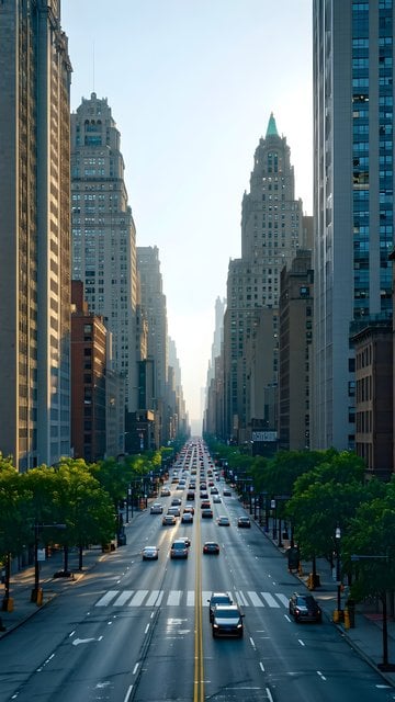 Vibrant Urban City Street Morning Commute Wallpaper