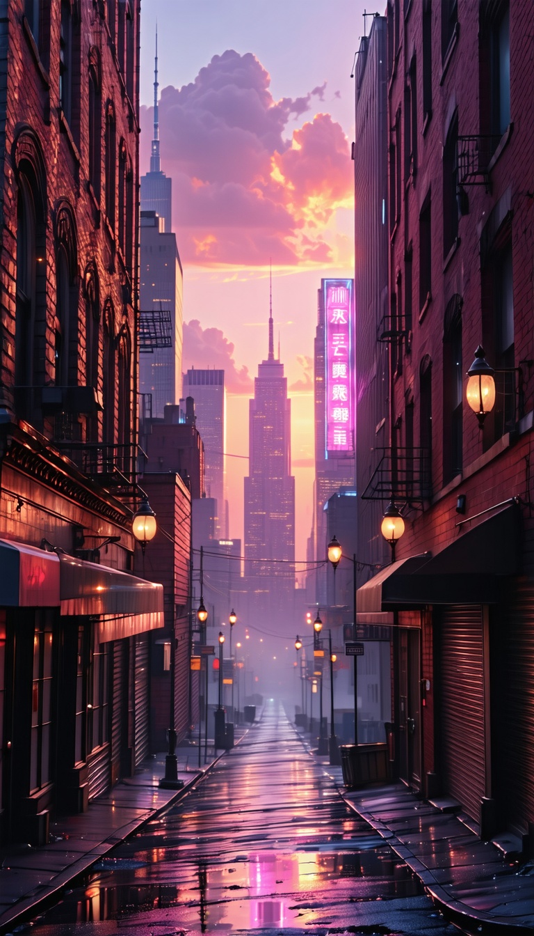 비오는 도시 골목길의 석양, 도시 풍경, 골목길, 석양, 비, 네온사인, 밤 풍경