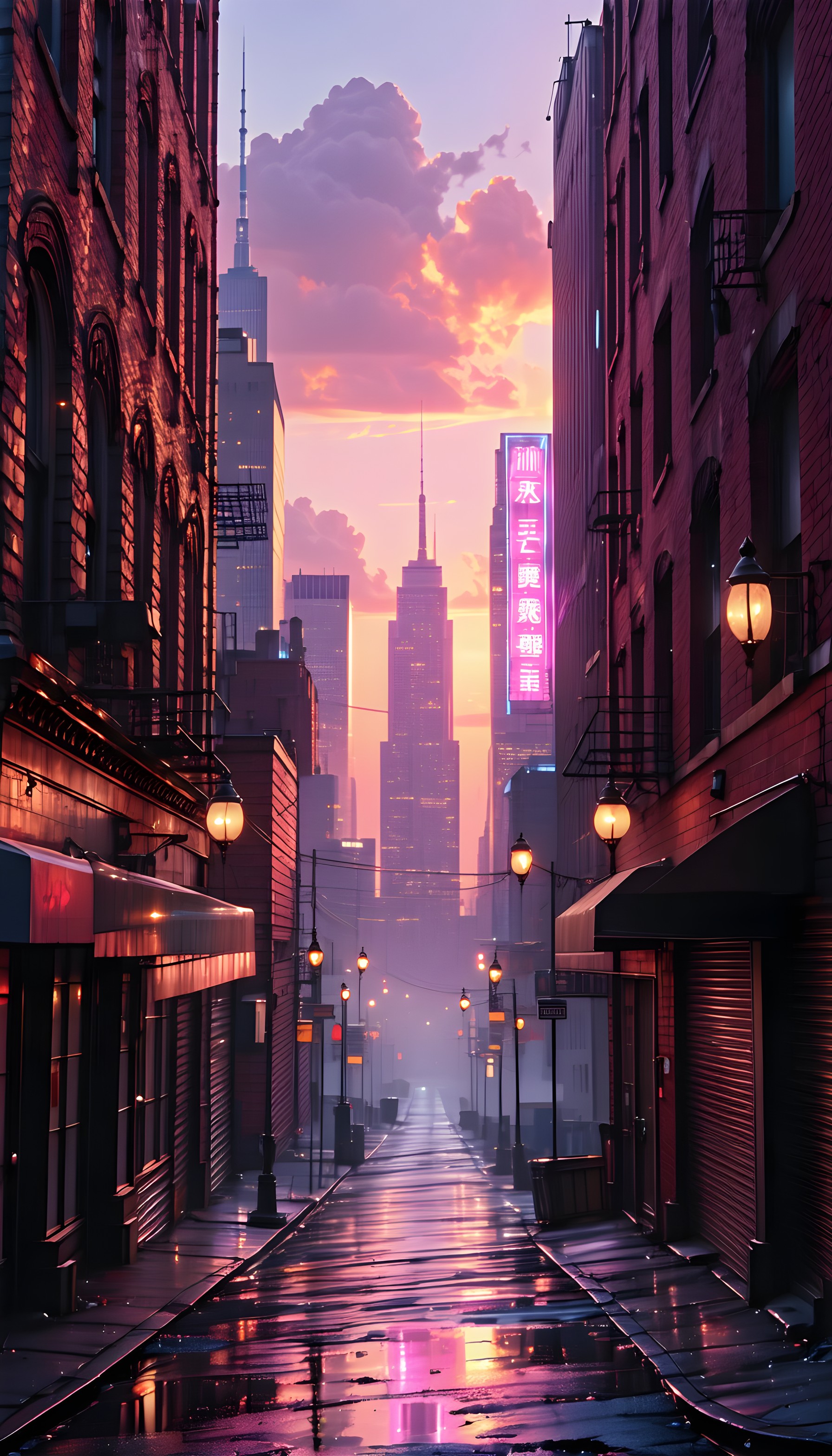 Vibrant City Alley Sunset Neon Reflections, city, alleyway, urban, sunset, neon, reflections
