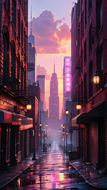 Vibrant City Alley Sunset Neon Reflections
