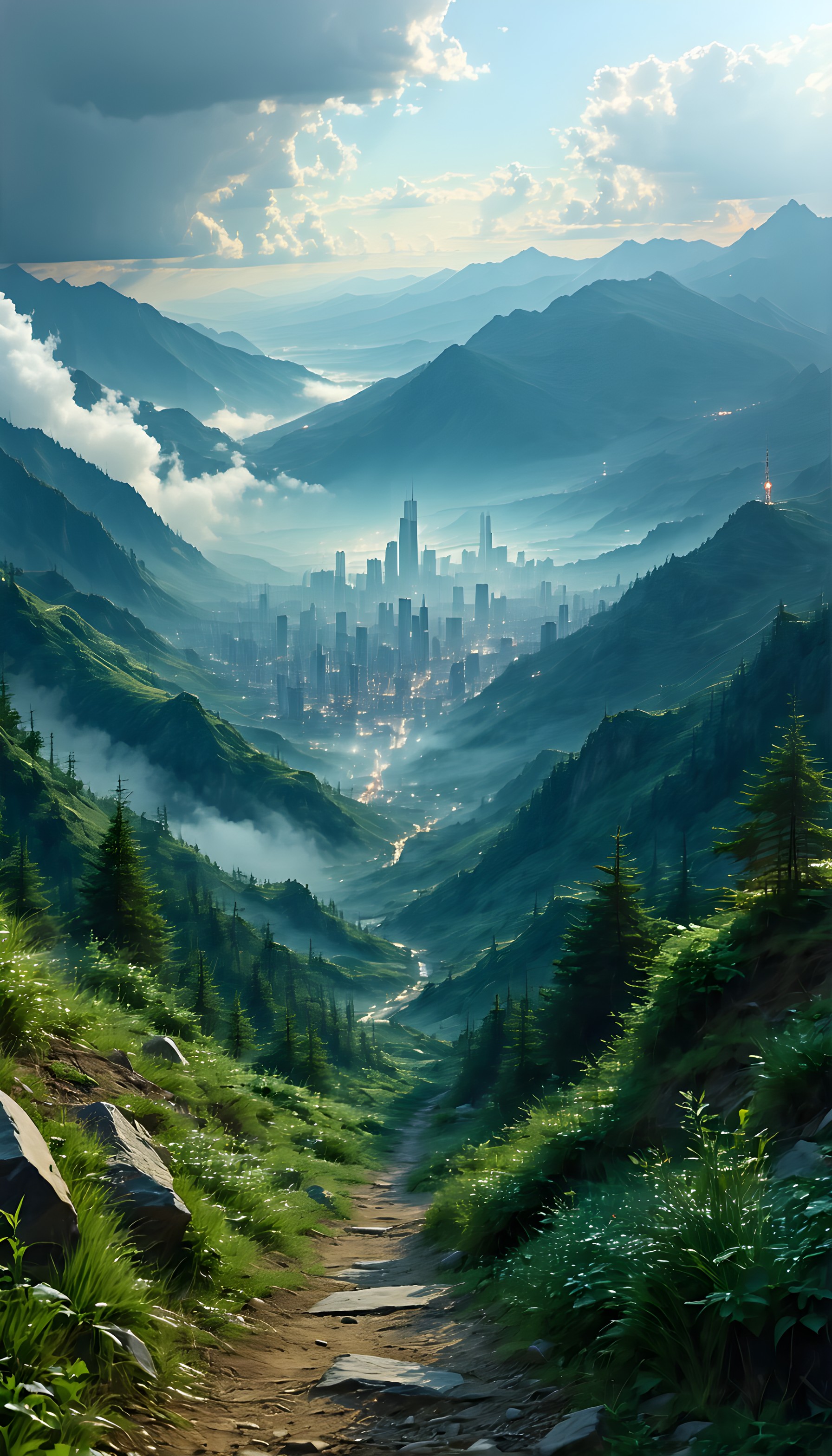 Misty Mountain City View Path Mobile Wallpaper, mountain, valley, cityscape, nature, urban, mist