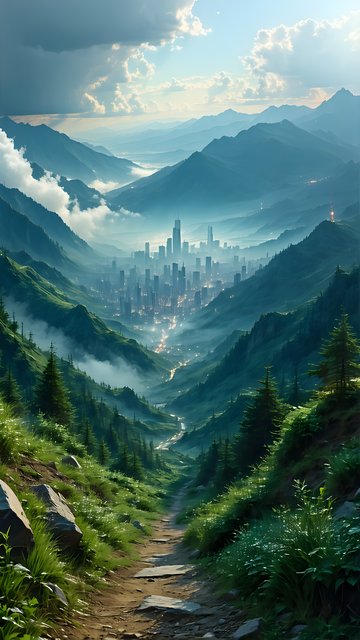 Misty Mountain City View Path Mobile Wallpaper