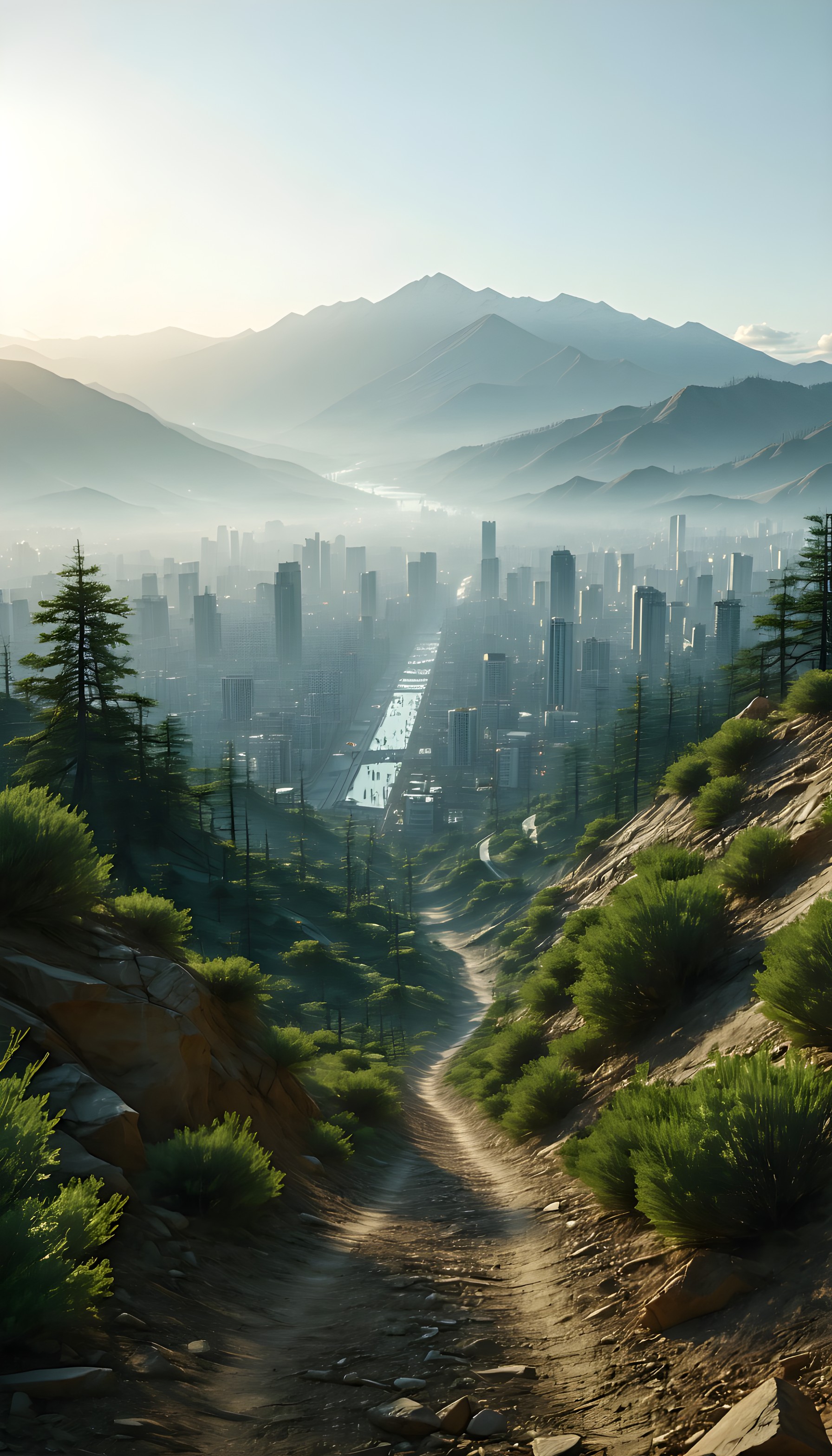 Misty Mountain Path Overlooking Cityscape, mountain wallpaper, city view, nature urban, misty landscape, dirt path, green trees
