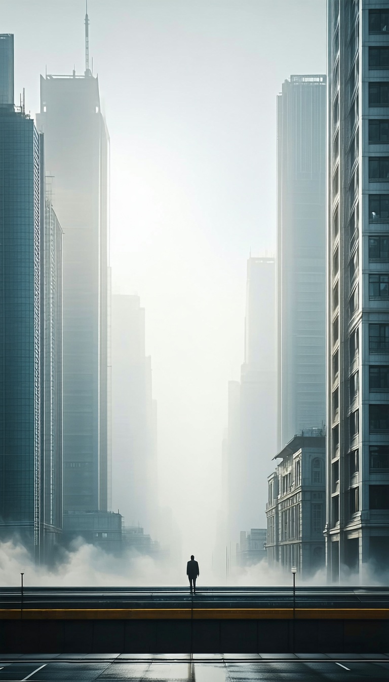 안개 낀 도시의 고독한 인물, 도시 풍경, 고독, 안개, 건축물, 고층빌딩, 황량함