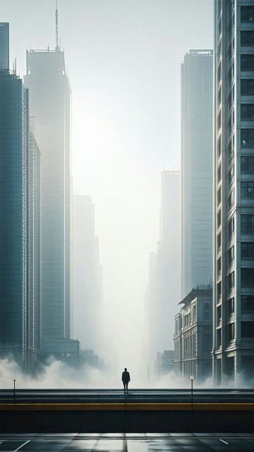 안개 낀 도시의 고독한 인물