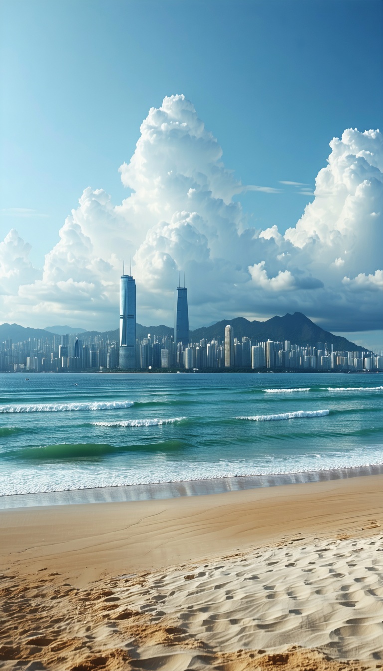 해변에서 바라본 도시 풍경, 바다, 해변, 도시, 풍경, 스카이라인, 구름