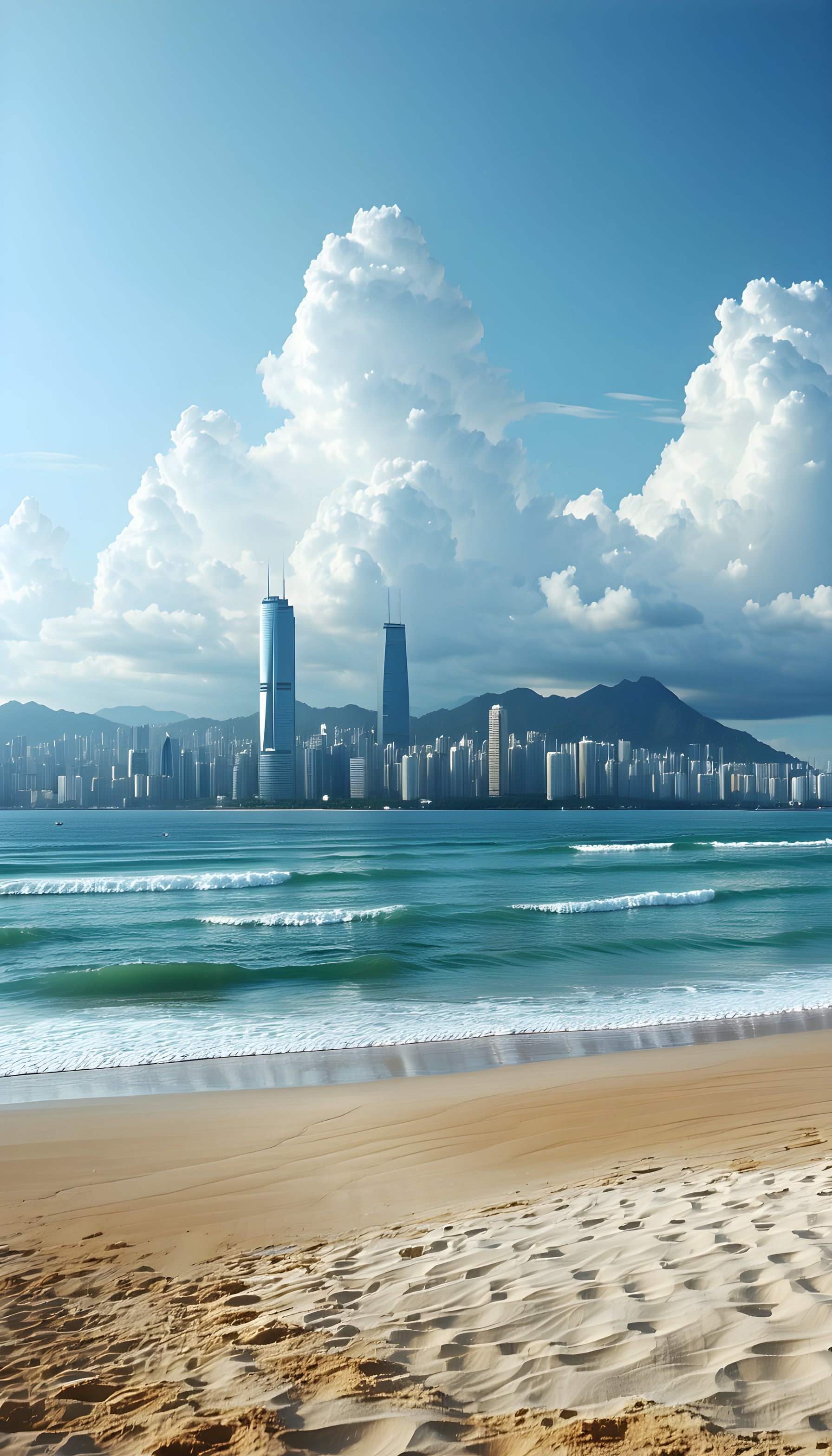 Vibrant Coastal City Skyline & Beach Wallpaper, city skyline, beach, ocean, cumulus clouds, urban coast, blue aesthetic