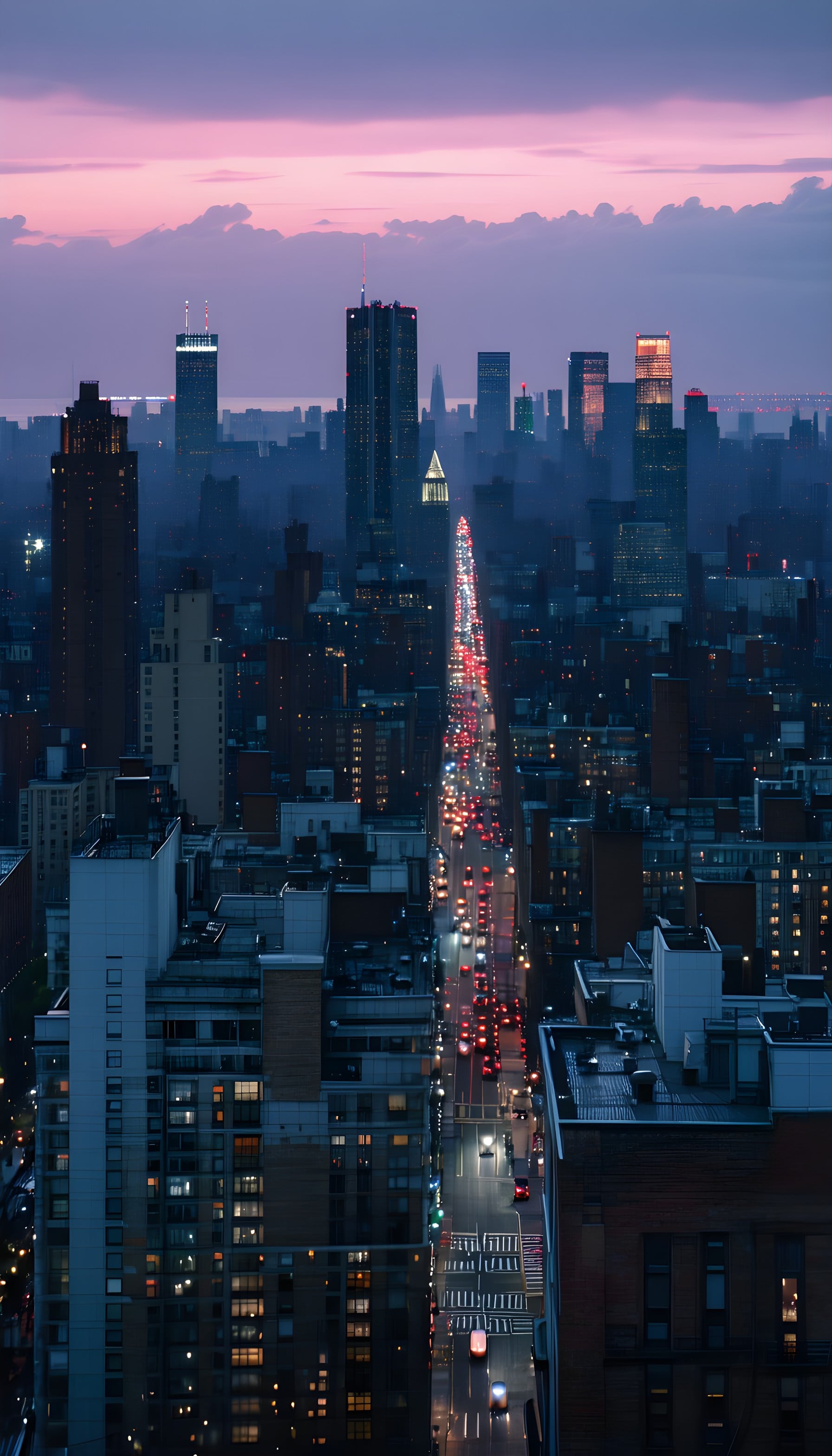 NYC Skyline & Traffic at Twilight Purple Sky, nyc, cityscape, urban, skyline, traffic lights, dusk