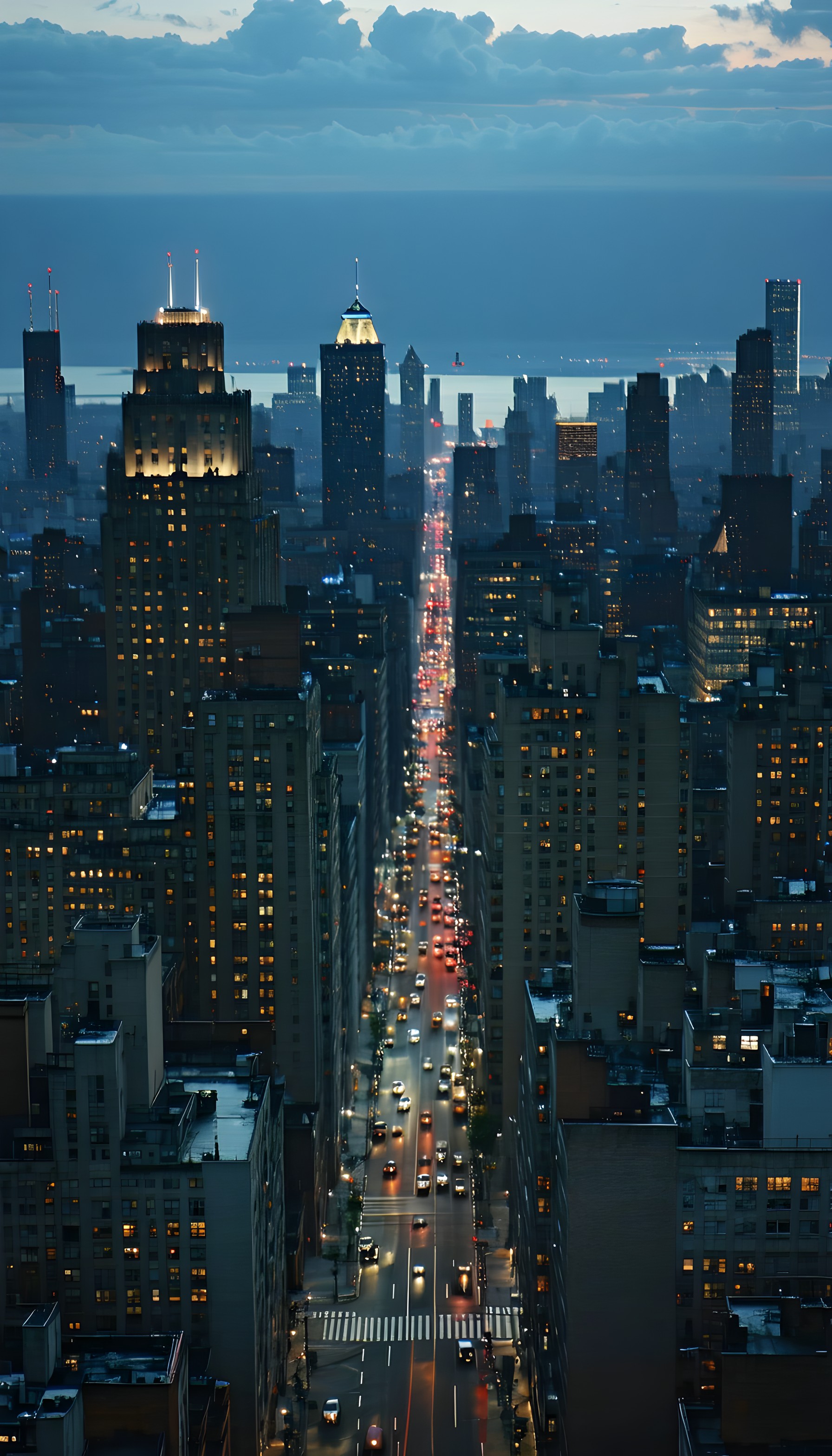 NYC Twilight Cityscape: Busy Street & Glowing Buildings, cityscape, urban night, skyscrapers, traffic lights, dusk, new york city