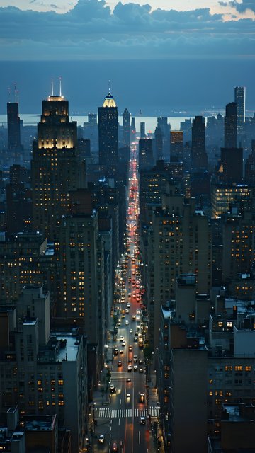 NYC Twilight Cityscape: Busy Street & Glowing Buildings