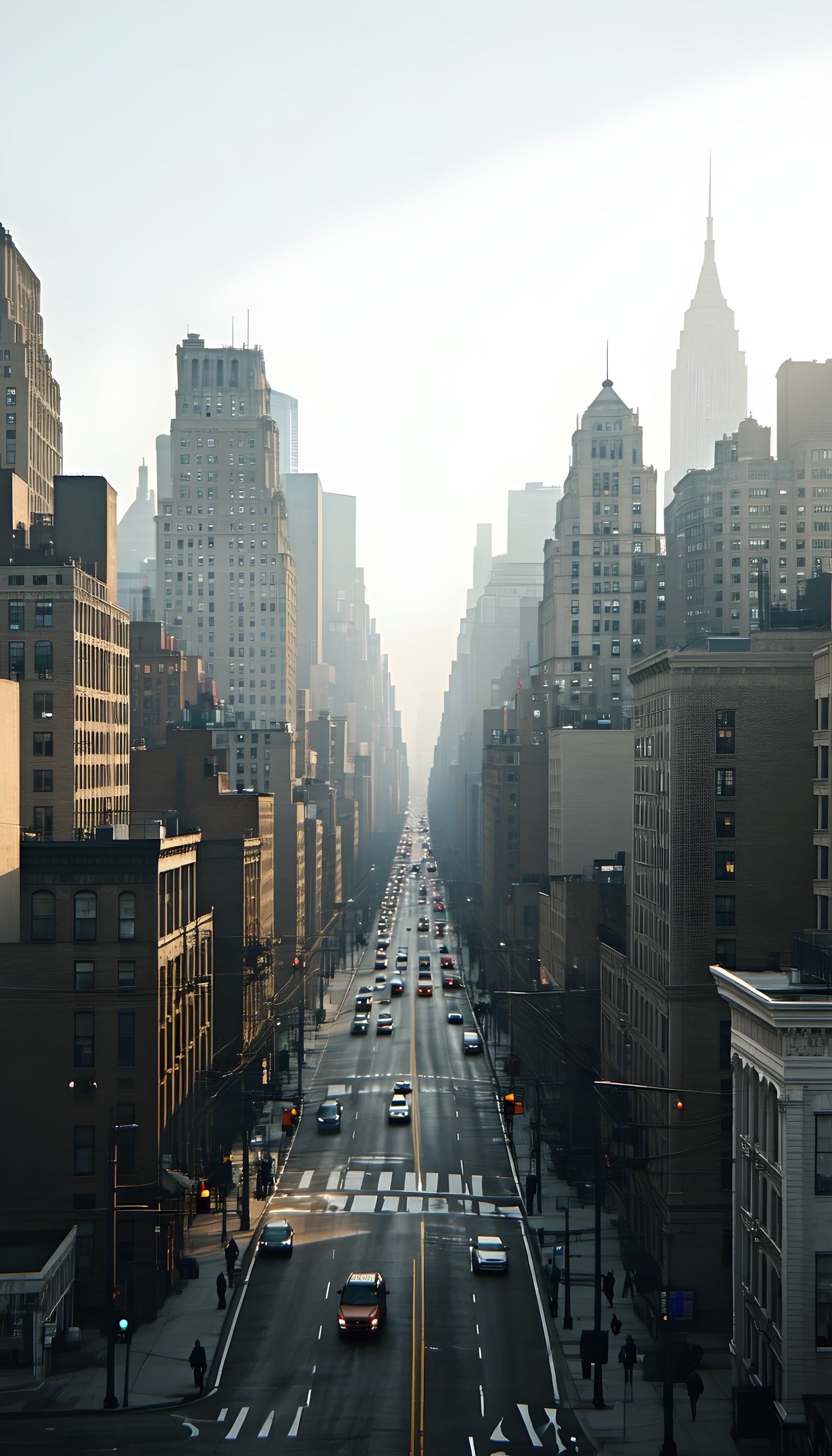 Hazy NYC Street Perspective with Empire State Building, city, street, new york city, nyc, empire state building, urban