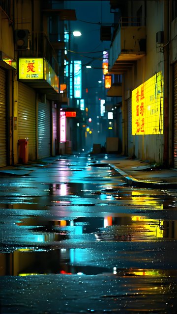 Rainy Neon City Alley Night Reflections Wallpaper