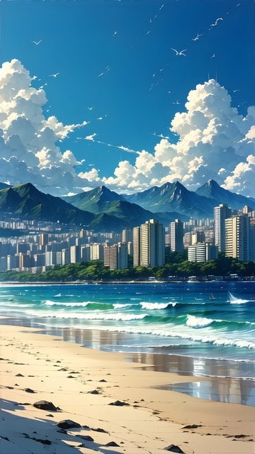 Vibrant Coastal City, Beach & Mountain Skyline Wallpaper