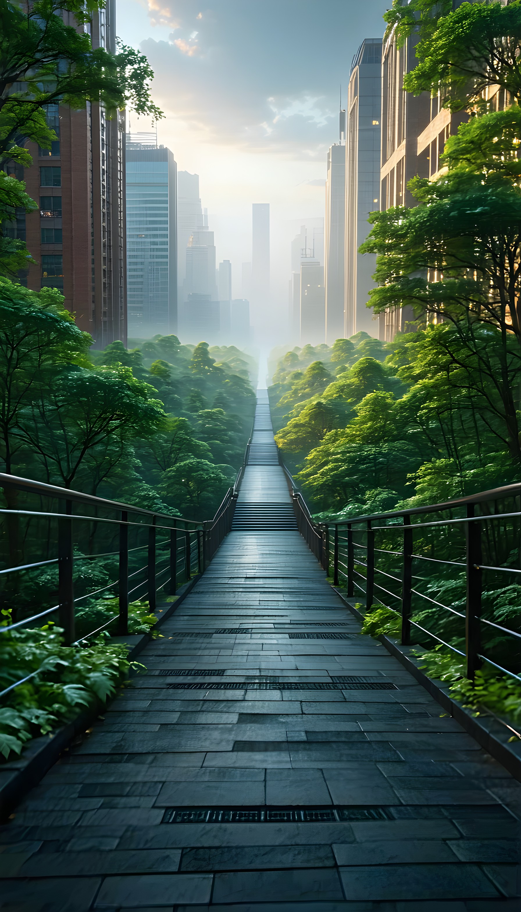 Misty Urban Forest Bridge to Cityscape Wallpaper, city, urban, forest, pathway, bridge, cityscape