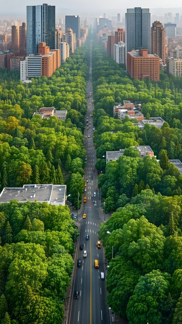 Green Urban Boulevard City Aerial View Wallpaper
