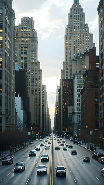 Grand Urban Avenue Sunset Glow Wallpaper