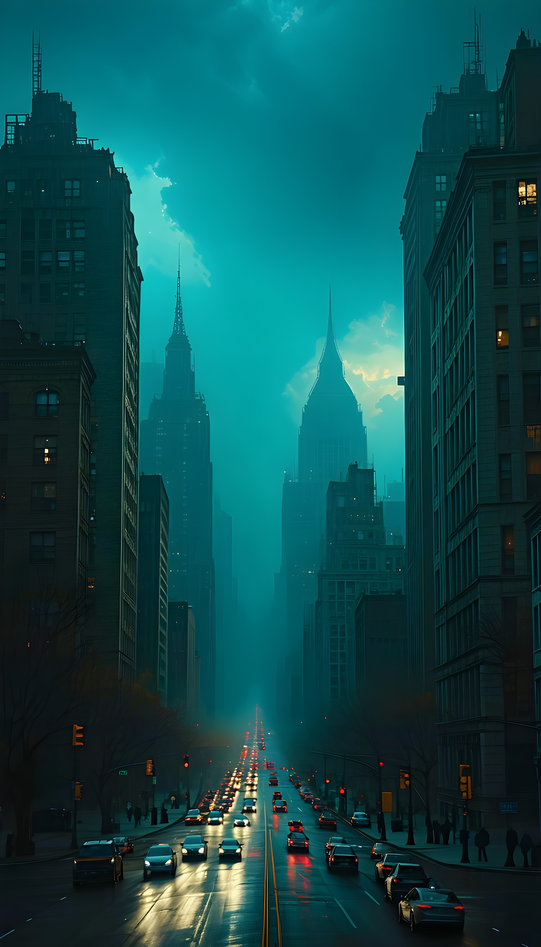 Moody Teal City Street Fog Skyscrapers Wallpaper, cityscape, urban, street, night, moody, teal