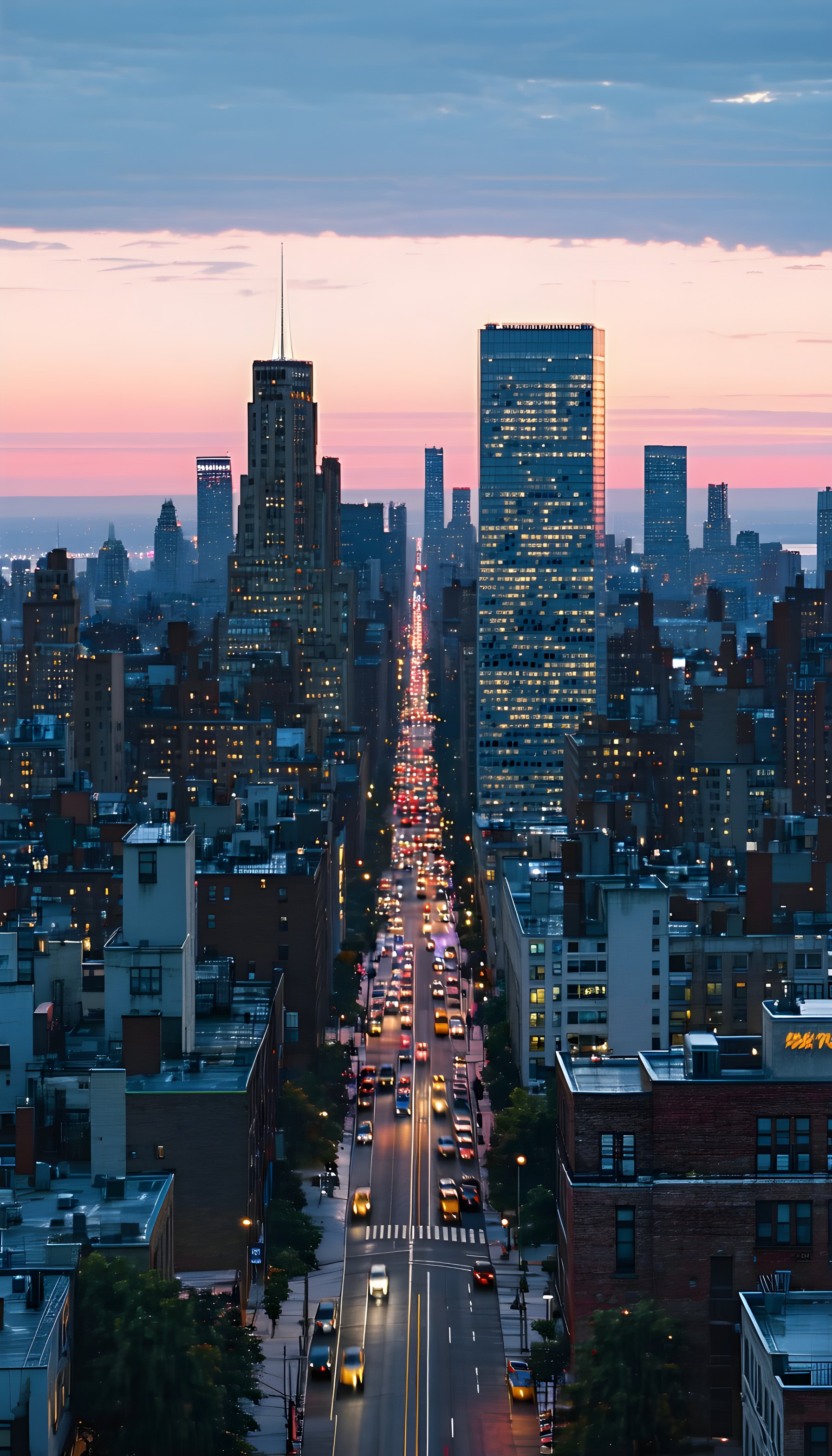 Vibrant City Skyline Dusk Avenue Traffic Wallpaper, city, cityscape, urban, night, dusk, traffic lights