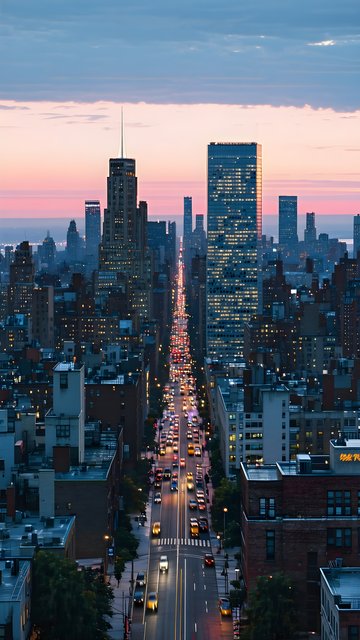 Vibrant City Skyline Dusk Avenue Traffic Wallpaper