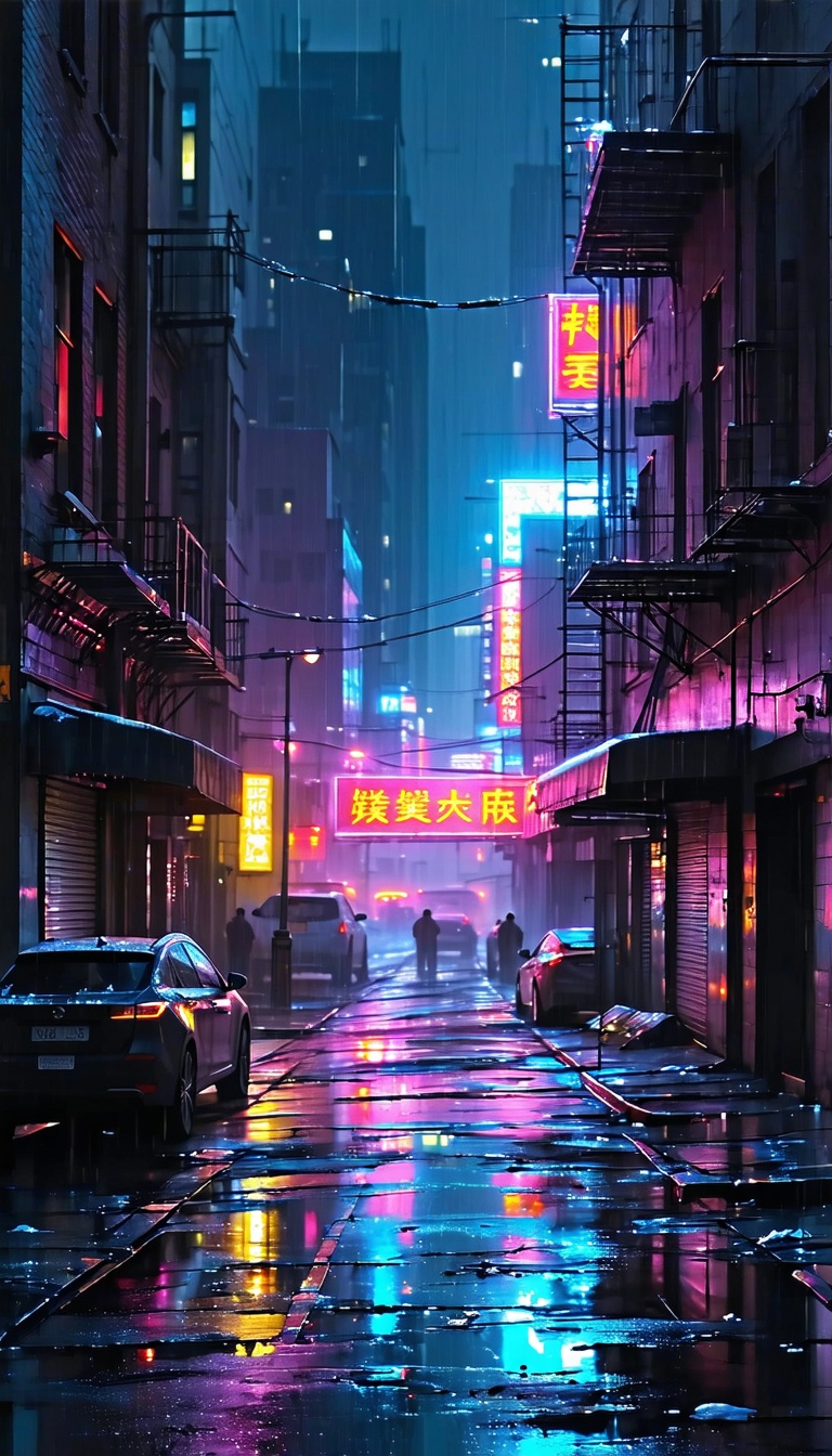 비오는 날의 네온 거리 풍경, 네온사인, 비오는 날, 밤거리, 도시 풍경, 신비로운, Cyberpunk