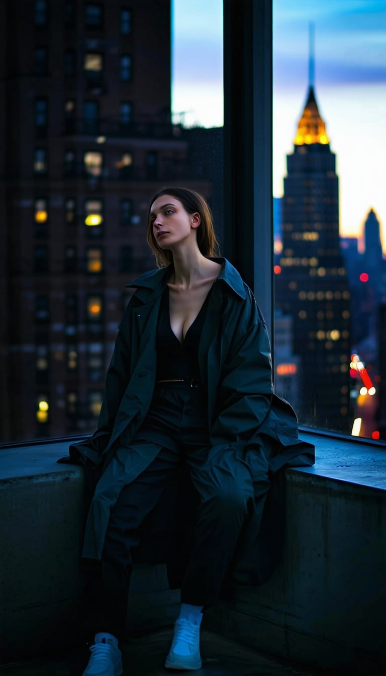 도시 야경을 바라보는 여성, 도시, 야경, 여성, 패션, 코트, 스니커즈