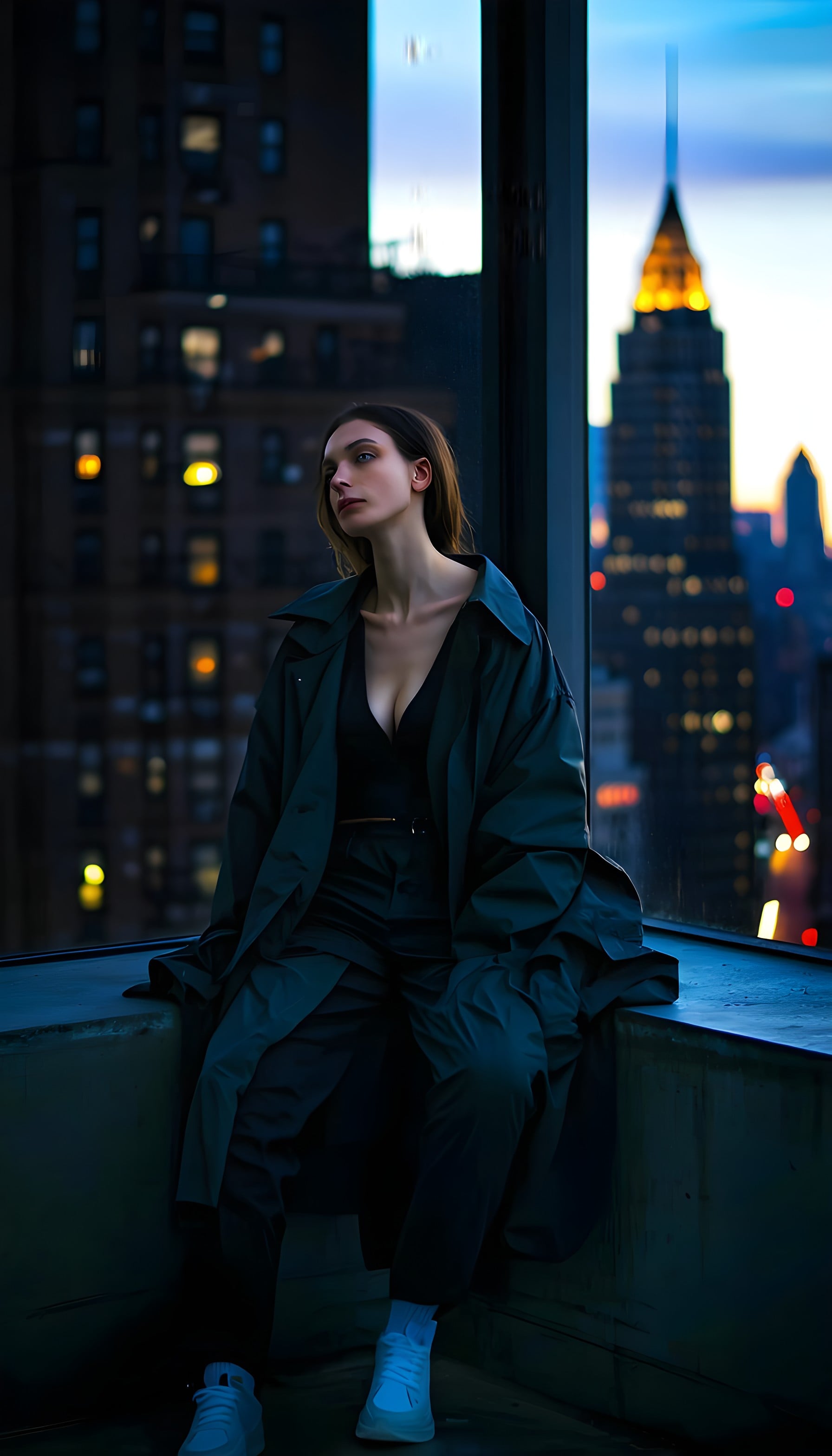 Mysterious Woman Rooftop City Night View Wallpaper, urban night, cityscape, woman, rooftop view, aesthetic, moody
