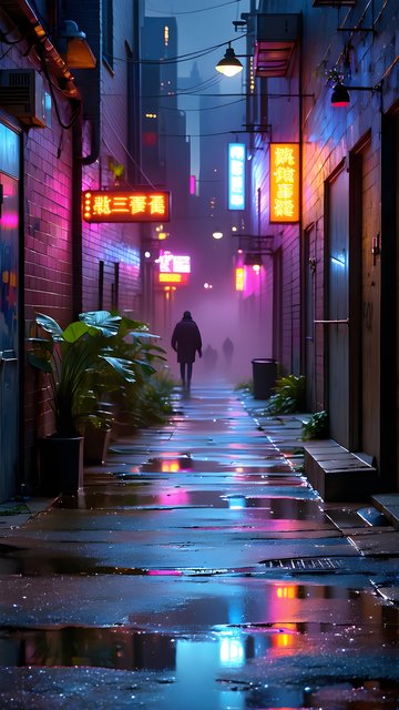 Misty Cyberpunk Alley Night with Neon Reflections