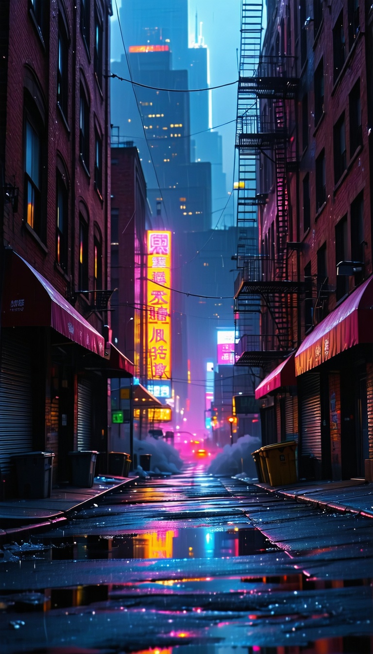 비오는 밤의 도시 풍경, 도시 풍경, 밤 풍경, 네온사인, 비, 골목길, cityscape