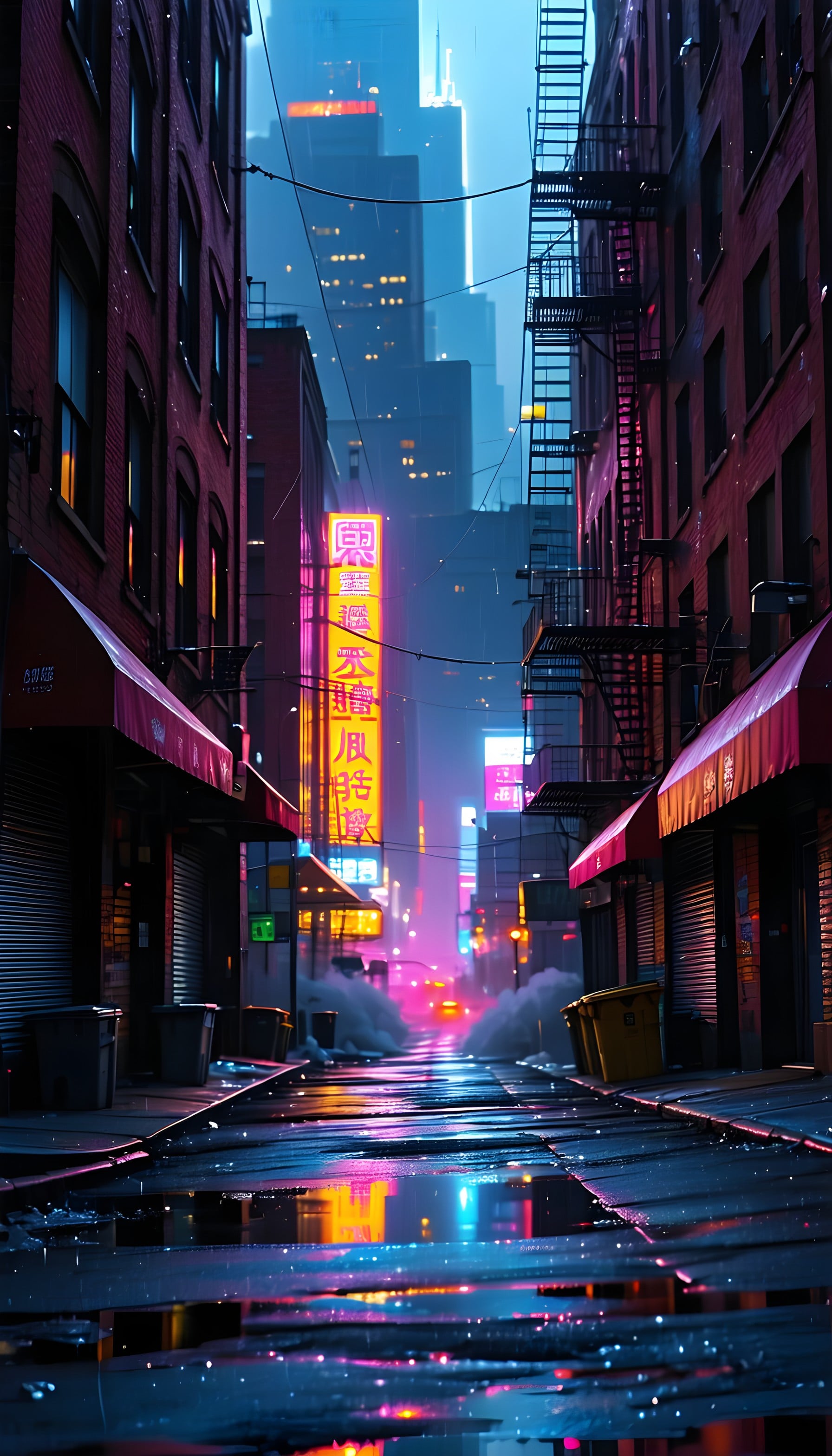 Vibrant Cyberpunk City Street at Night, cyberpunk, neon city, rainy street, urban night, reflections, aesthetic