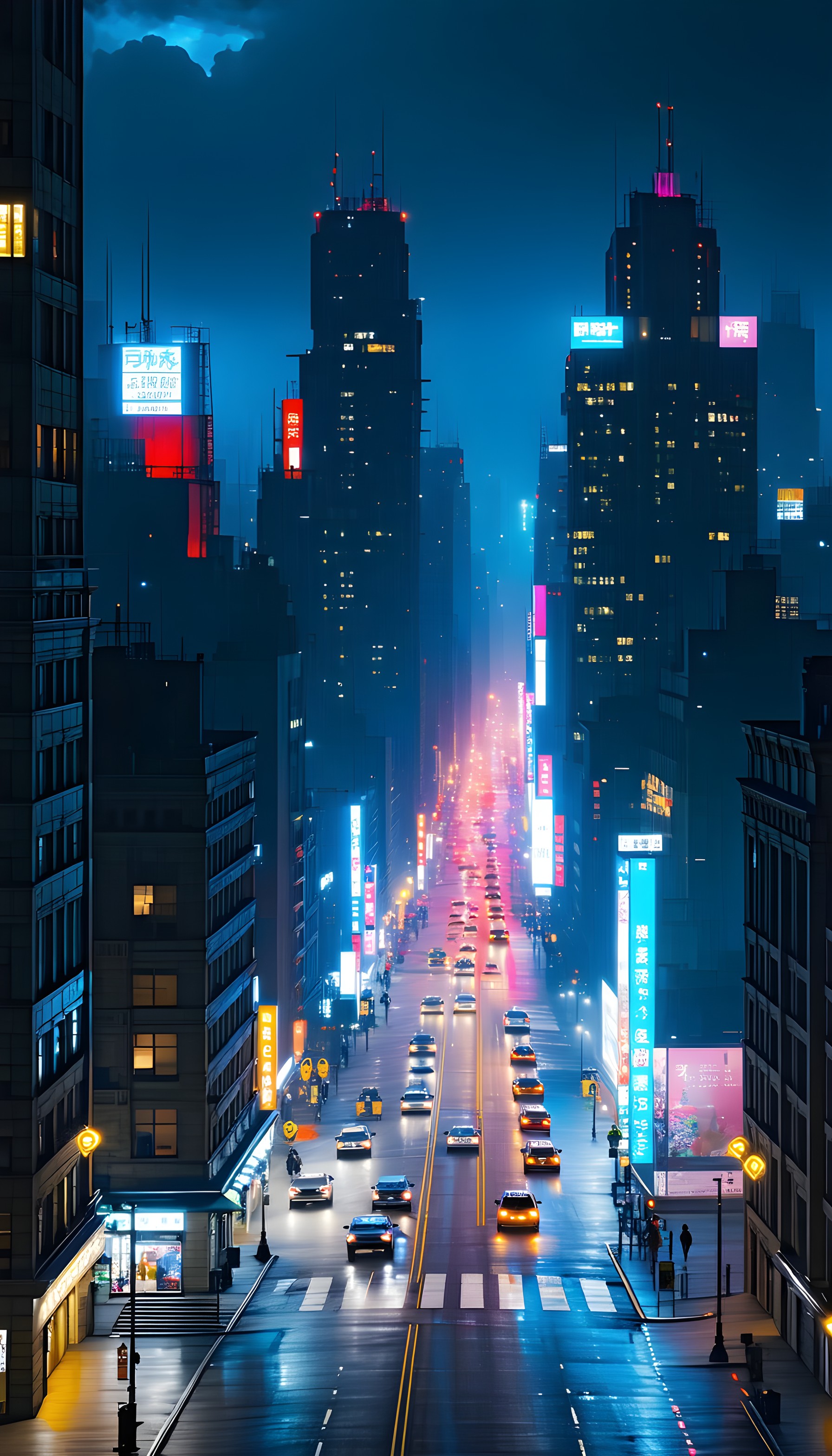 Vibrant Cyberpunk City Street at Night, cyberpunk, city night, neon lights, urban street, futuristic, cityscape