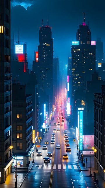 Vibrant Cyberpunk City Street at Night