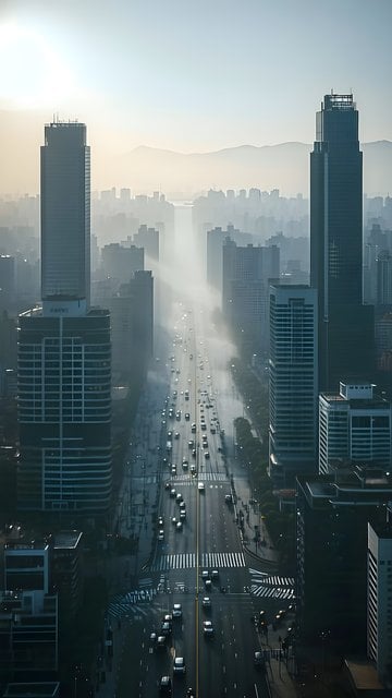 Misty Urban Street with Sun Rays and Traffic