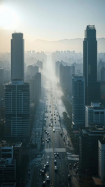 안개 낀 도시의 아침 풍경