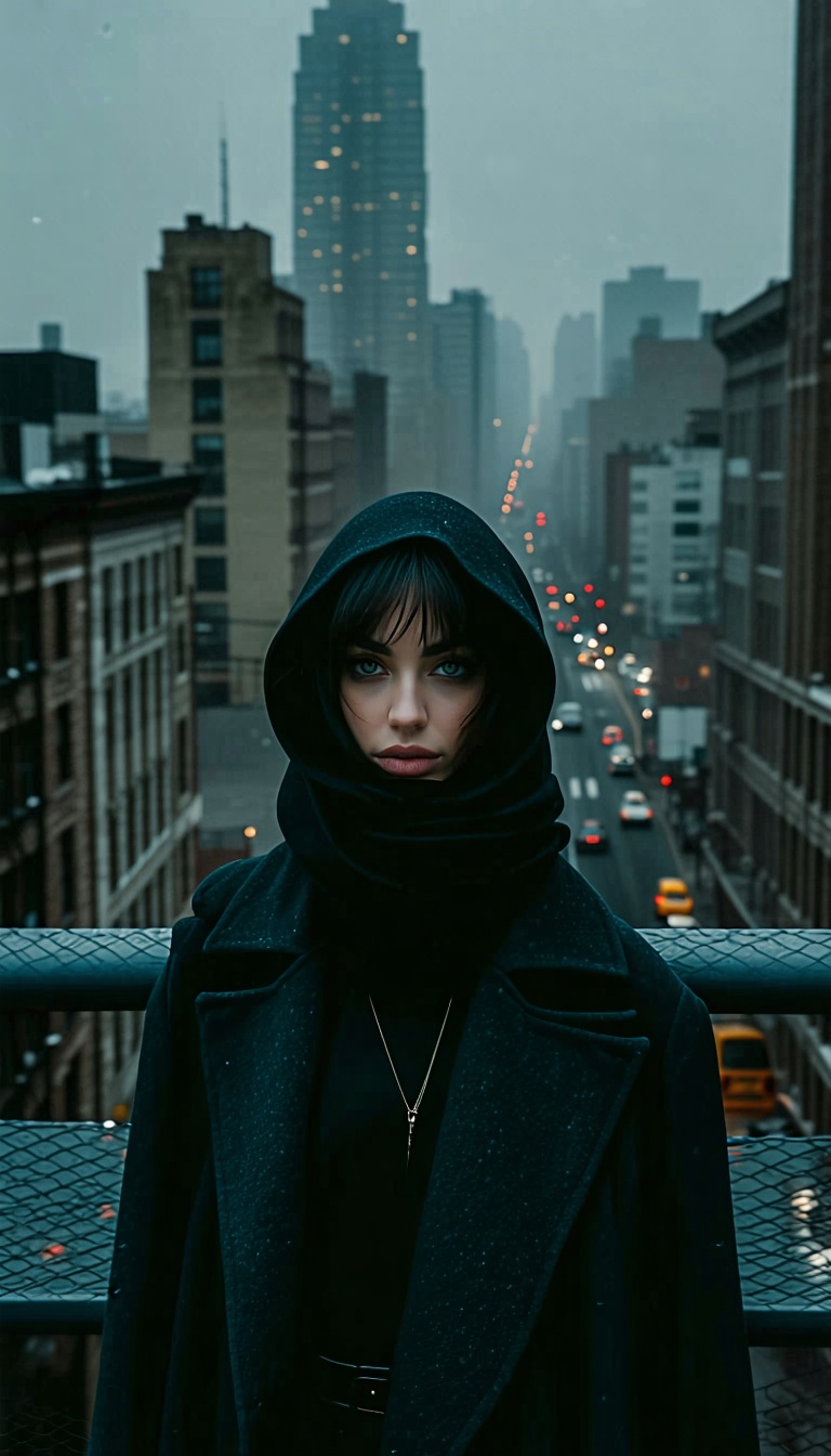 도시 속 미스터리 여성, 도시, 여성, 겨울, 후드, 어둠, 미스터리