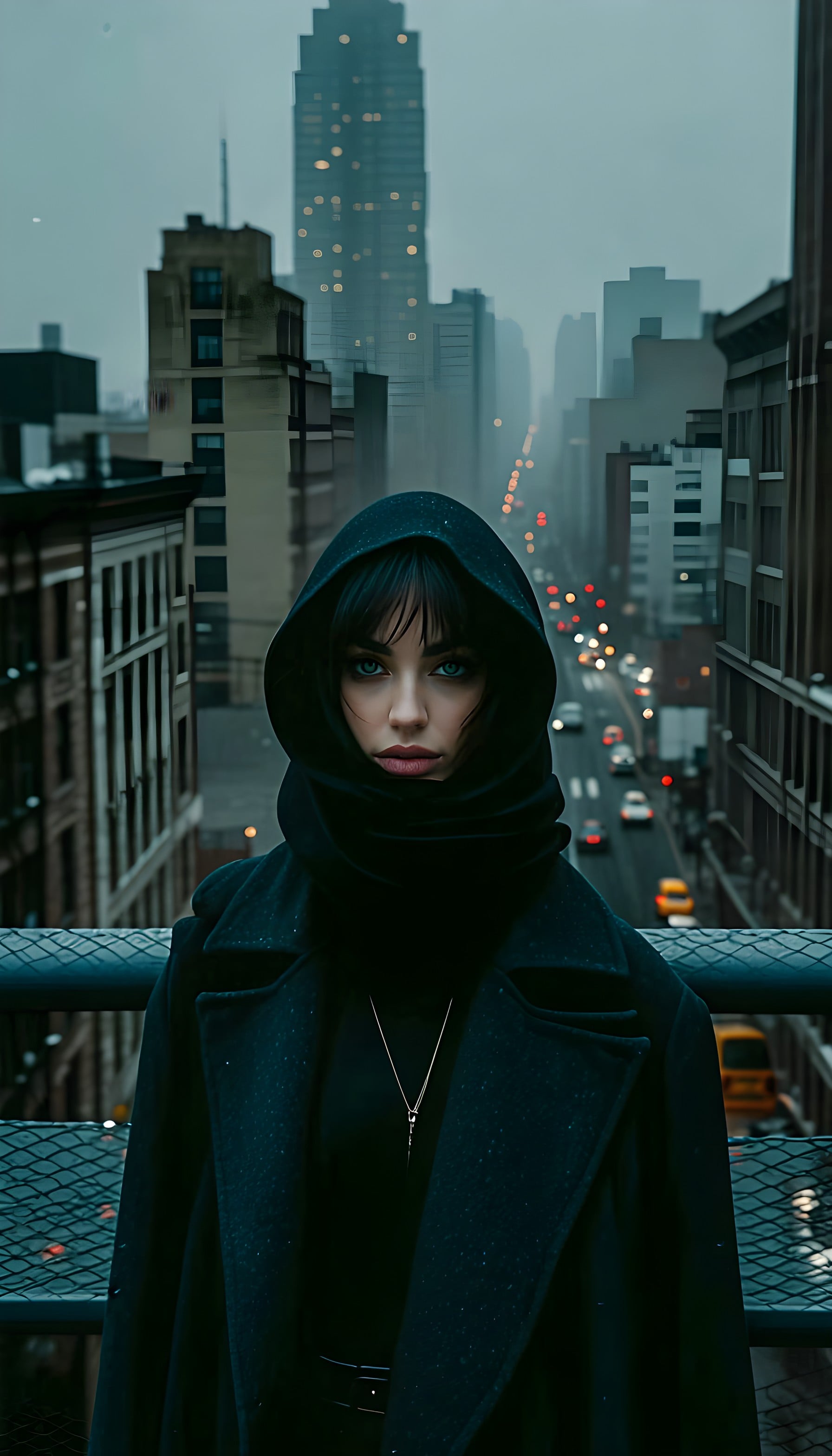 Dark City Enigma: Hooded Woman Rainy Urban Portrait, dark aesthetic, hooded woman, urban city, rainy night, mystery, cinematic