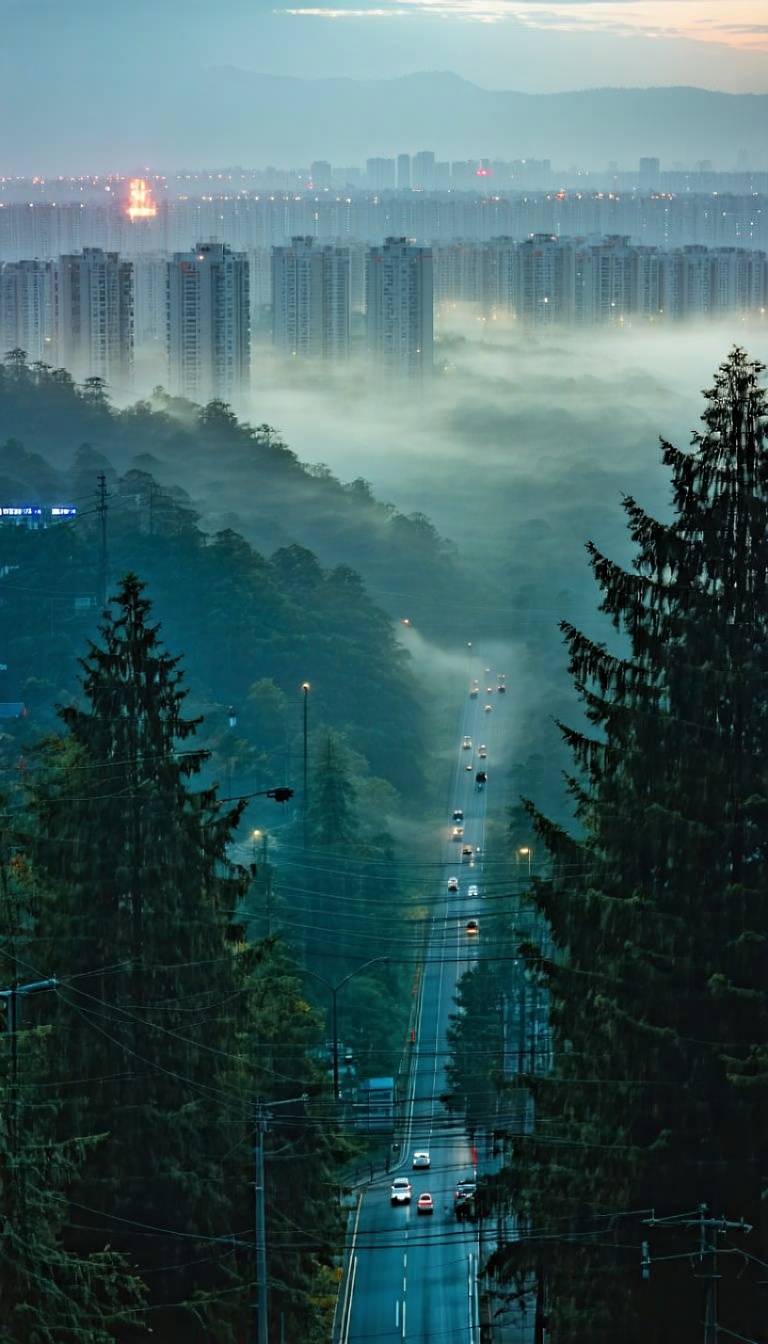 안개 낀 도시 풍경과 도로, 안개, 도시, 도로, 고층건물, 숲, 아침