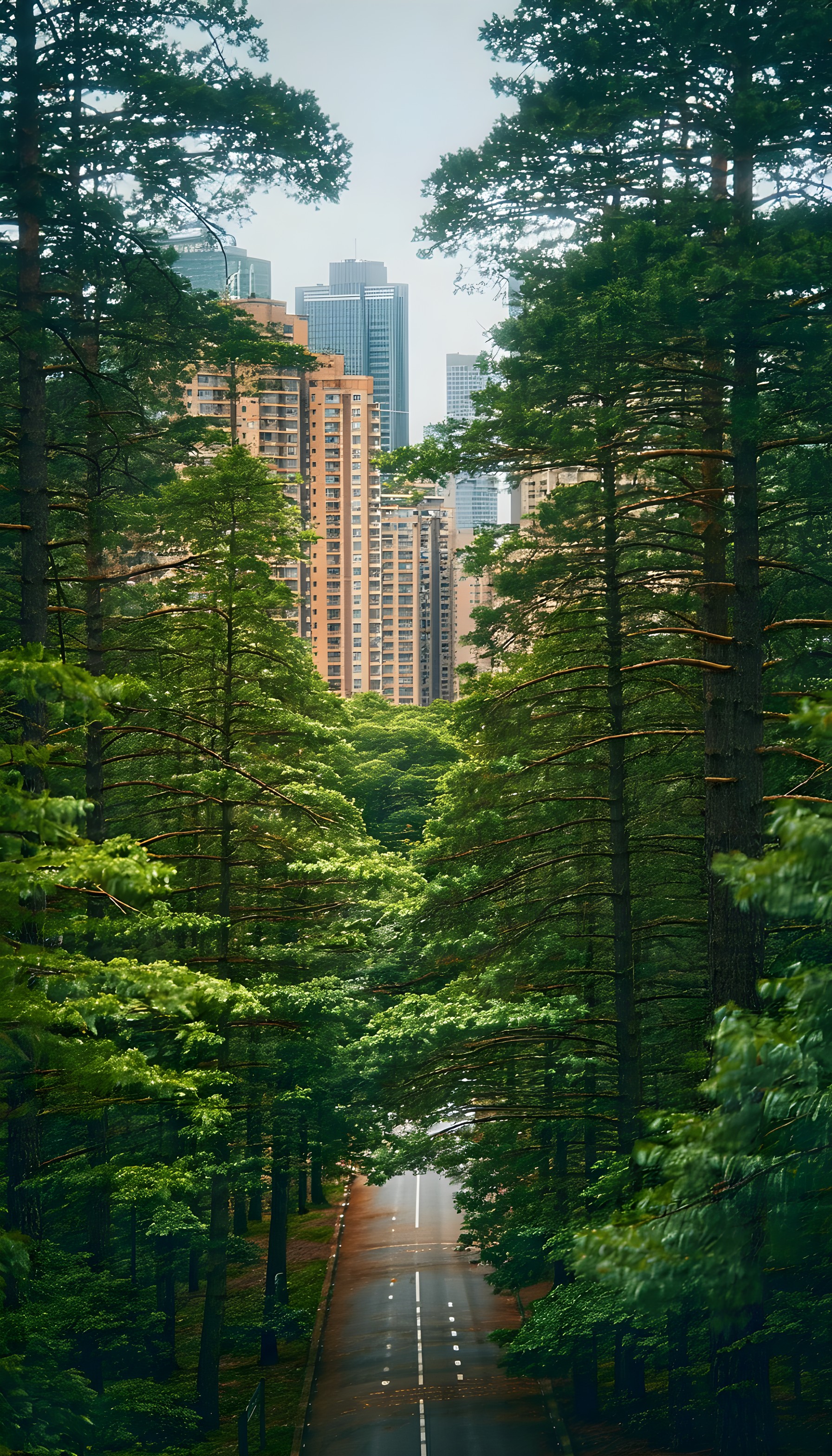 Green Forest Road Leading to Urban Skyscrapers, forest, cityscape, urban forest, nature, road, skyscrapers