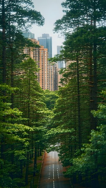 Green Forest Road Leading to Urban Skyscrapers