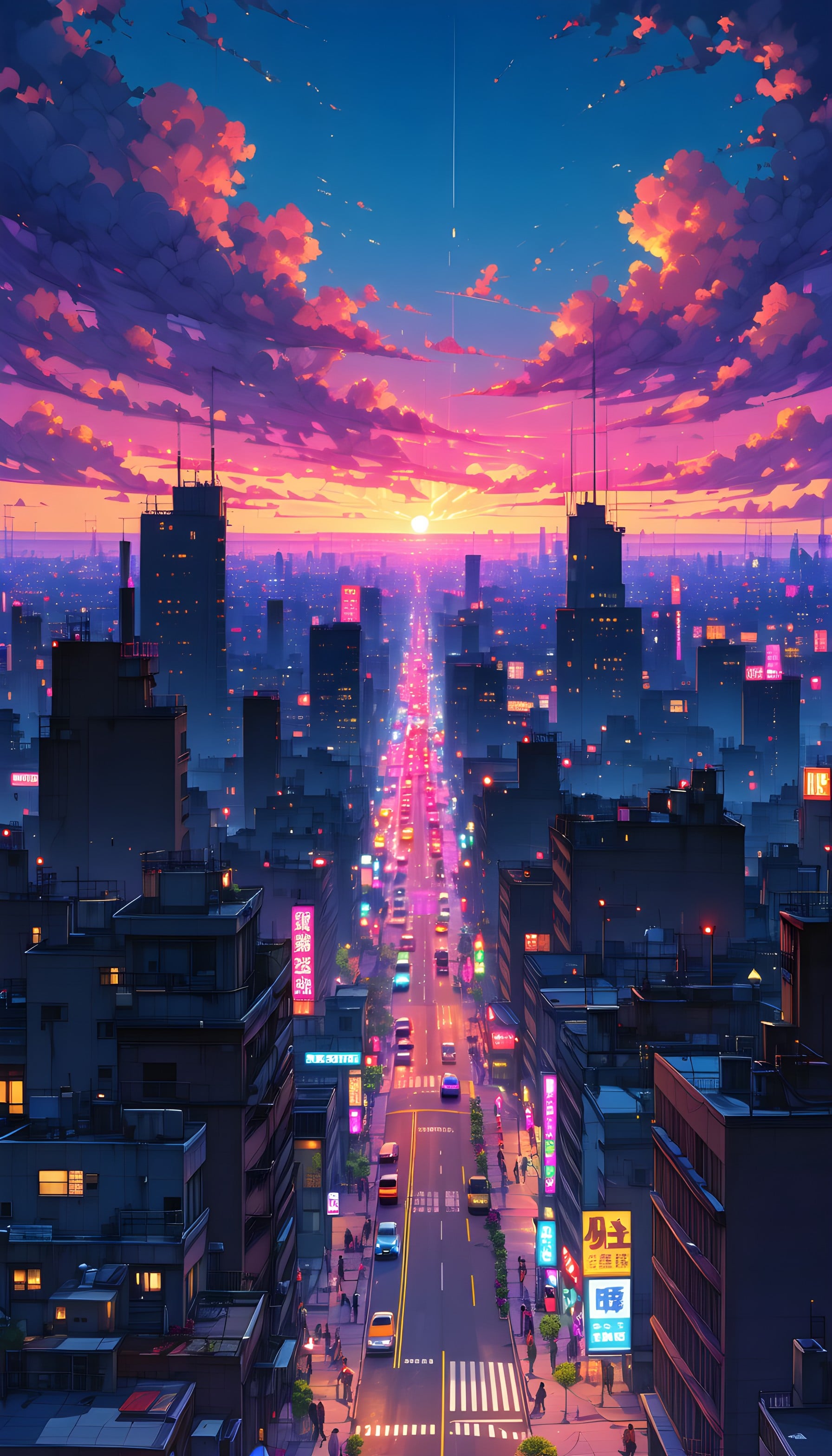 Vibrant Anime City Sunset Wallpaper with Neon Glow, cityscape, anime, sunset, neon, vaporwave, synthwave